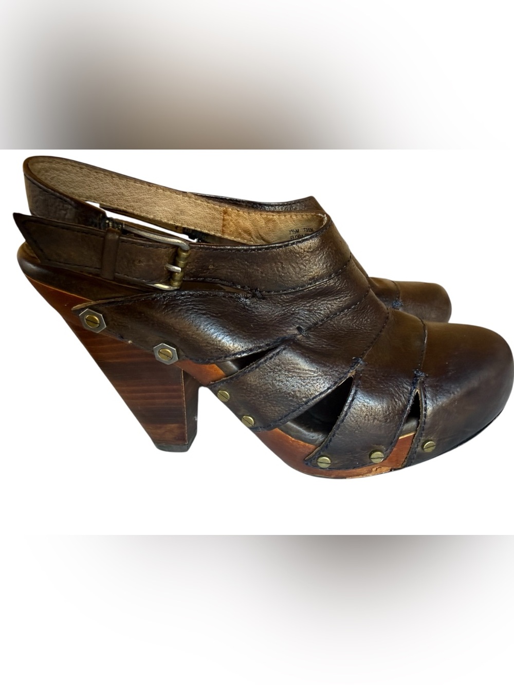 Frye Flora Stitch  Brown Leather Peep-Toe Clog Heels 7.5”